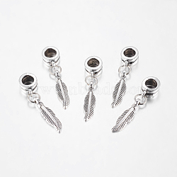 Antique Silver Tone Alloy European Feather Dangle Charms, 31mm, Hole: 5mm(X-PALLOY-JF00001-20)