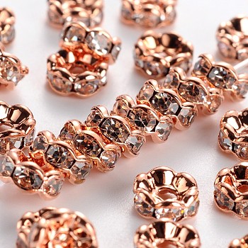 Brass Rhinestone Spacer Beads, Grade AAA, Wavy Edge, Nickel Free, Rose Gold Metal Color, Rondelle, Crystal, 6x3mm, Hole: 1mm