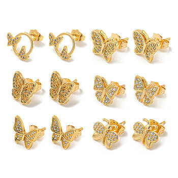 Light Gold Brass Micro Pave Cubic Zirconia Stud Earrings for Women, Butterfly, Mixed Shapes, 10~12x12~15.5mm