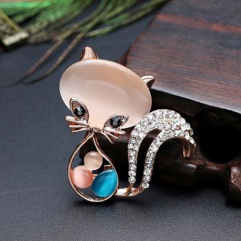 Alloy Brooch, with Cat Eye and Rhinestone, Fox, Light Salmon, 42x37mm