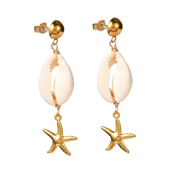 Natural Shell with Starfish Charm Dangle Stud Earrings for Girl Women, Golden, PapayaWhip, 54mm, Pin: 0.8mm