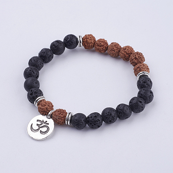 Yoga Theme Lava Rock Bodhi Wood Beads Stretch Charm Bracelets, with Tibetan Style Alloy Findings, Om Symbol, 50mm, about 22pcs/strand