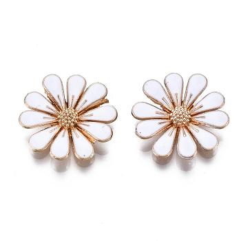 Alloy Cabochons, with Enamel, Flower, White, Light Gold, 18x18x4mm