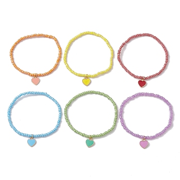 6Pcs Glass Seed Beaded Bracelets, with Heart Alloy Enamel Pendants, Mixed Color, Inner Diameter: 2-1/4 inch(5.75cm), 6pcs/set