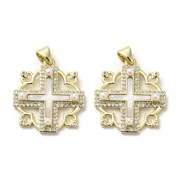 Brass Pave Shell Pendants, Religion Cross Charms with ABS Imitation Pearl, Real 18K Gold Plated, Cross, 24x21x4mm, Hole: 3.5x4mm