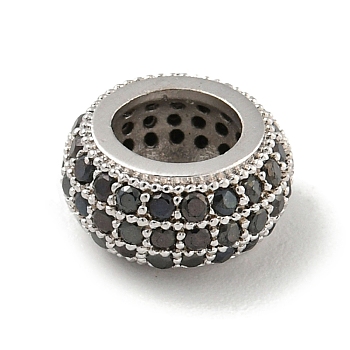 Brass Micro Pave Black Cubic Zirconia European Beads, Rondelle, Platinum, 9.5x4.5mm, Hole: 5mm