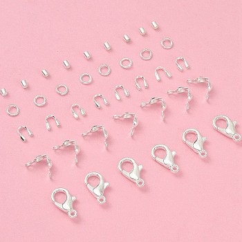 DIY Jewelry Making Finding Kit, Including Zinc Alloy Lobster Claw Clasps, Iron Jump Rings, Brass Crimp Beads & End Bead Tips & Wire Guardian, Silver, 300Pcs/bag
