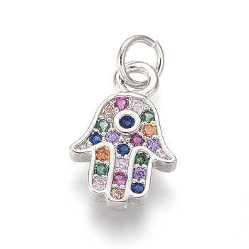 Brass Micro Pave Cubic Zirconia Charms, with Jump Rings, Hamsa Hand/Hand of Miriam, Colorful, Platinum, 11.5x7.5x1.5mm, Hole: 2.5mm