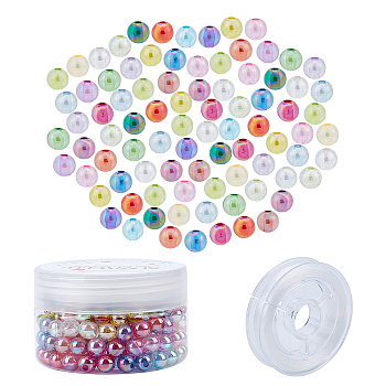 SUNNYCLUE 200Pcs 20 Colors Transparent Acrylic Beads, with 1 Roll Strong Stretchy Beading Elastic Thread, for DIY Children's Day Themed Stretch Making Kits, Mixed Color, 8x7mm, Hole: 2mm