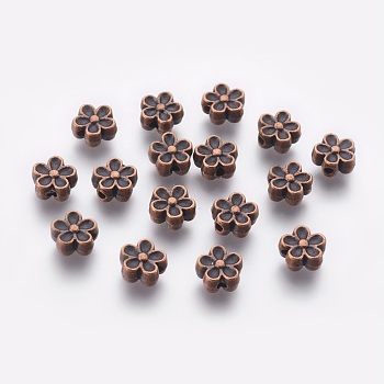 Tibetan Style Beads, Zinc Alloy, Lead Free & Cadmium Free, Flower, Great for Mother's Day Gifts making, Red Copper Color, 7mm in diameter, 3.5mm thick, hole: 1mm