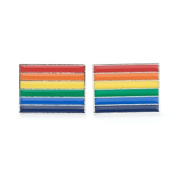 Alloy Enamel Brooches, Enamel Pin, with Butterfly Clutches, Rainbow Rectangle, Platinum, Colorful, 18.5x24.5x10mm