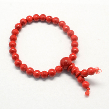 Buddha Meditation Yellow Jade Beaded Stretch Bracelets, Red, 46mm, 26pcs/strand