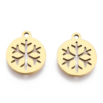 304 Stainless Steel Charms, Flat Round with Snowflake, Real 18K Gold Plated, 14x12x1mm, Hole: 1.5mm