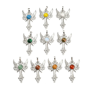 Natural & Synthetic Mixed Gemstone Big Pendants, Cross with Wing Charms, with Platinum Plated Brass Findings, Mixed Dyed and Undyed, 52.5x32x7~7.5mm, Hole: 4x8mm & 2mm