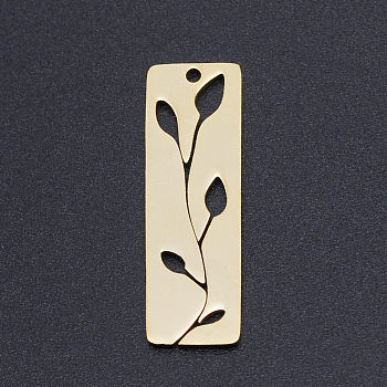 201 Stainless Steel Pendants, Rectangle with Leaf, Golden, 28x9x1mm, Hole: 1.4mm