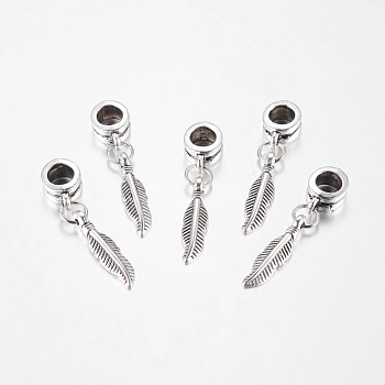 Antique Silver Tone Alloy European Feather Dangle Charms, 31mm, Hole: 5mm