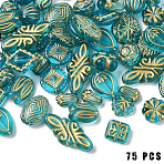 75Pcs 15 Styles Transparent Acrylic Beads, with Golden Metal Enlaced, Leaf, Turquoise, 10.5~30x8~15.5x4.5~10mm, Hole: 1.2~1.8mm, 5pcs/style(OACR-YW0001-98)