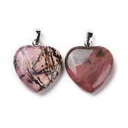 Natural Rhodonite Pendants, Heart, with Brass Findings, Platinum, 22~23x20~20.5x6~7.5mm, Hole: 5x8mm(G-G956-B22-FF)