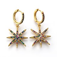 Brass Dangle Hoop Earrings, with Micro Pave Cubic Zirconia, Shining Star, Colorful, Golden, 35.5mm, Pin: 0.8mm(EJEW-F190-08G)