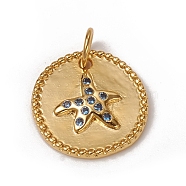 Brass Micro Pave Cornflower Blue Cubic Zirconia Charms, with Jump Rings, Long-Lasting Plated, Flat Round with Starfish/Sea Stars, Golden, 14x2mm, Jump Ring: 5x0.7mm, Inner Diameter: 3.6mm(X-KK-I668-27G)