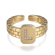 Brass Micro Pave Clear Cubic Zirconia Cuff Rings, Open Rings, Cadmium Free & Lead Free, Rectangle, Golden, Letter.L, US Size 6 1/4, Inner Diameter: 16.8mm(RJEW-H538-02G-L)