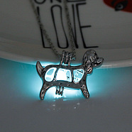 Alloy Dog Cage Pendant Necklace with Synthetic Luminaries Stone, Glow In The Dark Jewelry for Women, Cyan, 17.72 inch(45cm)(LUMI-PW0001-012P-A)