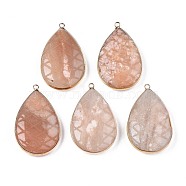 Natural Pink Aventurine Pendants, with Light Gold Plated Brass Findings, Teardrop, 50~51x31~31.5x10mm, Hole: 2mm(G-N326-108D)