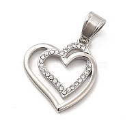 304 Stainless Steel Pendants, with Crystal Rhinestone, Bouble Heart Charms, Stainless Steel Color, 23x21x2.5mm, Hole: 7x4.5mm(STAS-K243-14P)