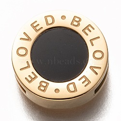 304 Stainless Steel Slide Charms, with Resin, Flat Round with Word Beloved, Golden, 12x3.5mm, Hole: 7.5x1.5mm(STAS-P270-24G)