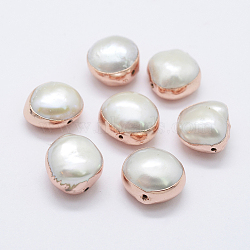 Natural Cultured Freshwater Pearl Beads, Potato, Edge Rose Gold Plated, 10~12x10~13x6~9mm, Hole: 0.5mm(PEAR-F006-58RG)