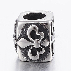 304 Stainless Steel European Beads, Large Hole Beads, Cuboid with Fleur De Lis, Antique Silver, 7.5x8x7mm, Hole: 4mm(STAS-F150-070AS)