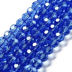 Electroplate Transparent Glass Beads Strands, Faceted(32 Facets), Round, Pearl Luster Plated, Royal Blue, 10mm, Hole: 1.2mm, about 65~69pcs/strand, 23.03~24.49 inch(58.5~62.2cm)(EGLA-A035-T10mm-A14)