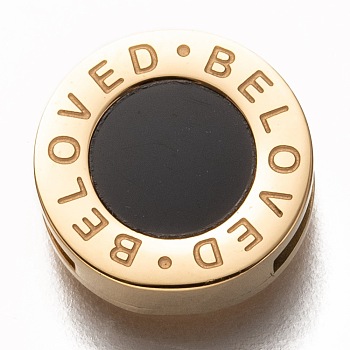 304 Stainless Steel Slide Charms, with Resin, Flat Round with Word Beloved, Golden, 12x3.5mm, Hole: 7.5x1.5mm