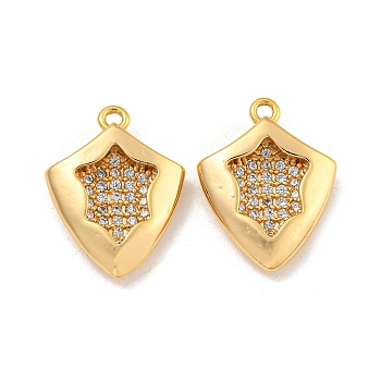 Brass Micro Pave Clear Cubic Zirconia Pendants, Real 18K Gold Plated, Shield, 18.5x14x4mm, Hole: 1.5mm