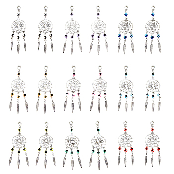 36Pcs 4 Colors Tibetan Style Alloy Woven Net/Web with Feather European Dangle Charms, Large Hole Pendant with Plastic Evil Eye, Antique Silver, Mixed Color, 96mm, Pendant: 85x28x5~5.5mm,, Hole: 4.5mm, 9pcs/color