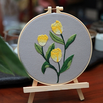 Flower Pattern DIY Embroidery Kits, Including Embroidery Cloth & Thread, Needle, Embroidery Hoop, Instruction Sheet, Yellow, 200mm