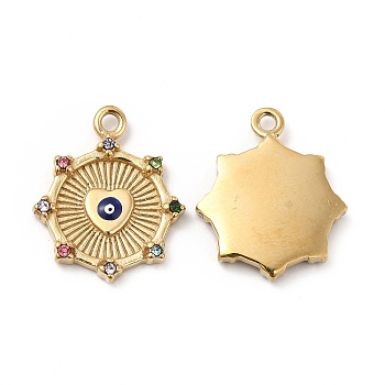 Vacuum Plating 201 Stainless Steel Pendants, with Colorful Rhinestone and Enamel, Sun with Evil Eye Charms, Real 18K Gold Plated, 19x16x2mm, Hole: 1.5mm
