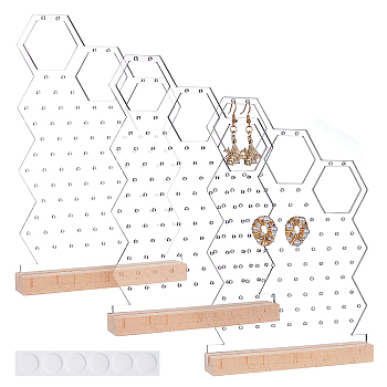 3Pcs Acrylic Earring Display Stands, Honeybomb-shaped, with 3Pcs Wooded Vase, Beech Chassis, Name Card Holders, for Postcard Display, Rectangle, Mixed Color, 13~19.5x2.25x13x0.3~1.25cm, 6pcs/set