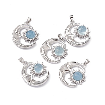Natural Aquamarine Pendants, Moon Charms with Sun, with Platinum Color Brass Findings, 26.5~27x23~23.5x6mm, Hole: 4x3.5~4mm