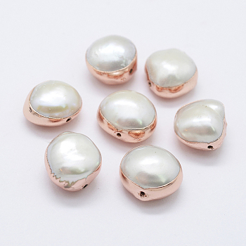 Natural Cultured Freshwater Pearl Beads, Potato, Edge Rose Gold Plated, 10~12x10~13x6~9mm, Hole: 0.5mm