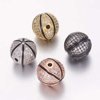 Brass Micro Pave Cubic Zirconia Beads, with Enamel, Basketball, Black, Mixed Color, 12mm, Hole: 1.5mm