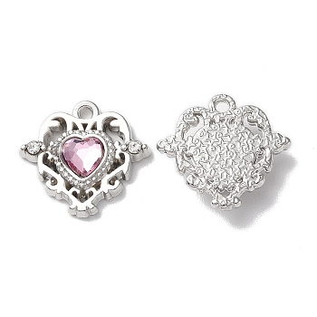 Eco-Friendly Alloy Pendants, with Glass, Heart, Pink, 16x17x4mm, Hole: 1.5mm