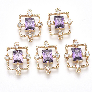 Golden Tone Brass Links connectors, with Faceted Glass and Rhinestone, Rectangle, Violet, 19x13.5x3.5mm, Hole: 1mm