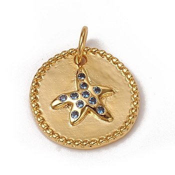 Brass Micro Pave Cornflower Blue Cubic Zirconia Charms, with Jump Rings, Long-Lasting Plated, Flat Round with Starfish/Sea Stars, Golden, 14x2mm, Jump Ring: 5x0.7mm, Inner Diameter: 3.6mm