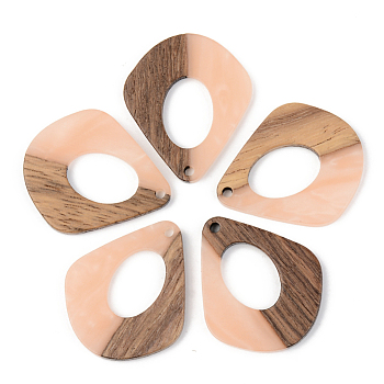 Opaque Resin & Walnut Wood Pendants, Teardrop, Light Salmon, 32.5x27.5x3mm, Hole: 2mm