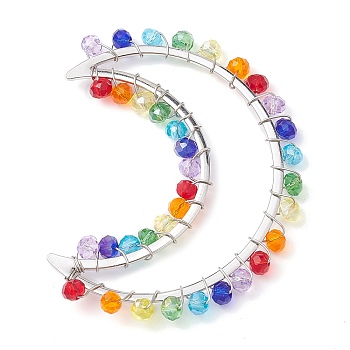 Colorful Glass Beaded Big Pendants, with Brass Finding, Crescent Moon Charms, Platinum, 57x43x4mm