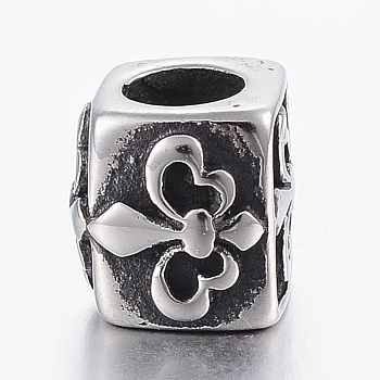 304 Stainless Steel European Beads, Large Hole Beads, Cuboid with Fleur De Lis, Antique Silver, 7.5x8x7mm, Hole: 4mm