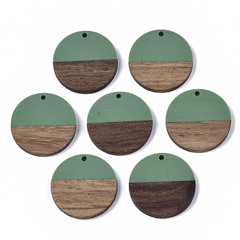 Resin & Wood Pendants, Flat Round, Medium Sea Green, 28.5x3.5~4mm, Hole: 1.5mm