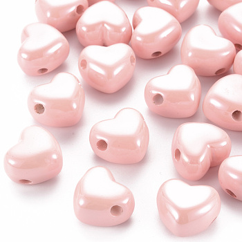 Opaque Acrylic European Beads, Large Hole Beads, Pearlized, Heart, Pink, 19.5x21.5x14.5mm, Hole: 4mm