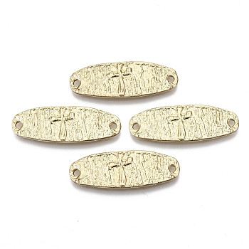 Alloy Links Connectors, Textured, Oval with Cross, Cadmium Free & Nickel Free & Lead Free, Real 16K Gold Plated, 32.5x11x2mm, Hole: 1.6mm